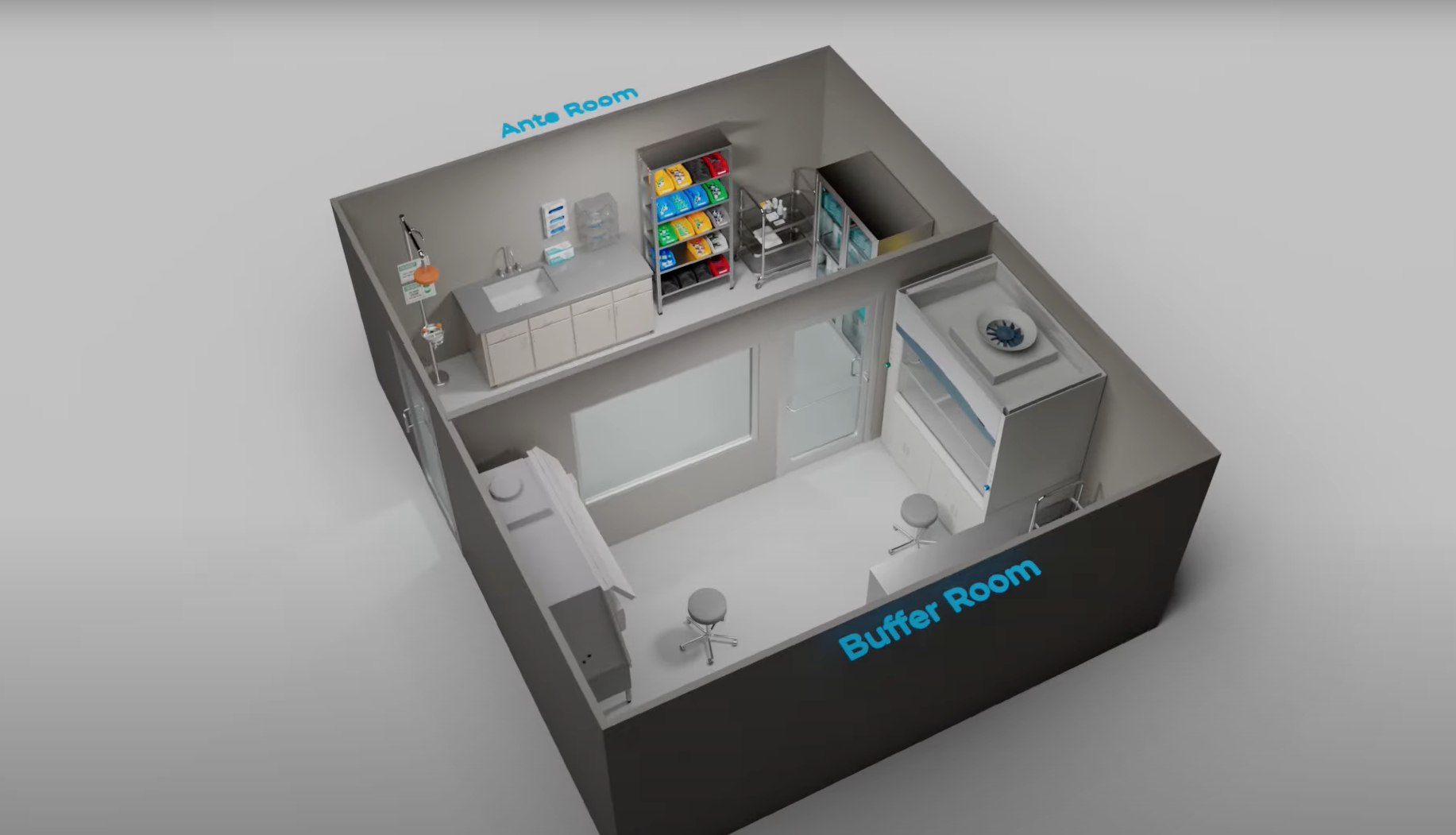 birds eye view of a buffer room and ante room model